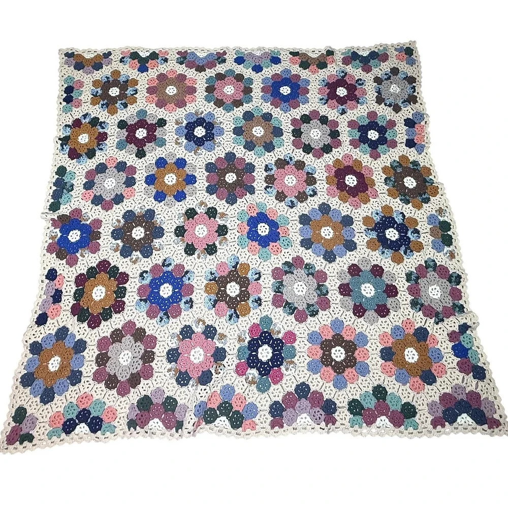 Vintage Handmade Crochet Granny Square Blanket Throw Floral Multicolor 75